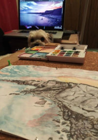 Dante my little dog looking up in front of my reference source for a cameo