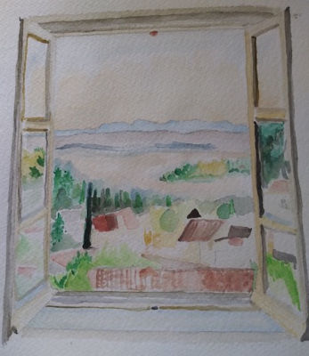 watercolor painting of window looking out into a valley