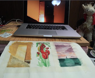 Featured battle llama with building reference in screen for watercolor painting