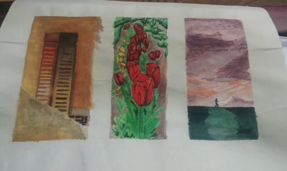 Builing, field of tulips, someone running in a field