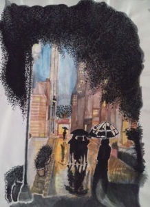 People walking in the rain with umbrellas