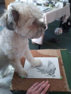 Litte puppy dog with paws on pencil drawing